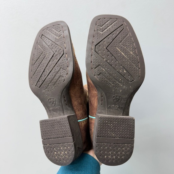 Ariat Bright Eyes II Brown Turquoise Leather Cowboy Boots Youth 2 Square Toe - Picture 5 of 7